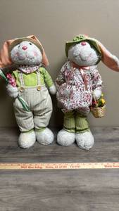 lot 503 image: Pair of Plush Bunny Rabbit Dolls with Spring Theme Clothing and Accessories