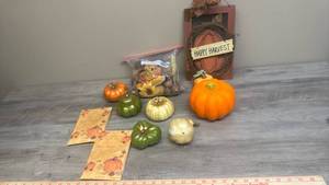 lot 520 image: Harvest Decor Lot - Wall Hanging, Pumpkins, Gourds, bag of fall accent dried florals and two Sachet Bags
