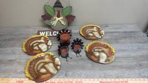lot 521 image: Turkey-Shaped Dishes and Candle Holders Set 4 Plates and 3 Candles and Wood Welcome sign