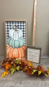 lot 528 image: Fall Wall Art Decor 2-Piece Set Pumpkin Canvas and Welcome Sign and a Fall foliage decoration