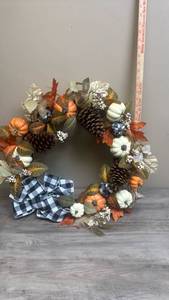 lot 530 image: Fall Harvest Wreath with Pumpkins Pinecones and Plaid Bow
