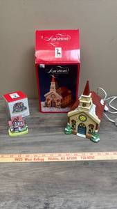lot 542 image: Americana Porcelain Collectible Church with Electrical Cord and a Ceramic Hat Shop