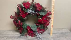 lot 552 image: Holiday Wreath with Red Poinsettia Flowers, Green Foliage and Decorative Ornaments