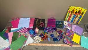 lot 568 image: Gift Wrapping Supplies Lot - Bows, Bags, Tissue Paper, Ribbon