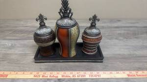 lot 572 image: 3-Piece Decorative Covered Vessels on Tray with Fleur-de-Lis Finials