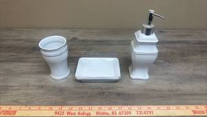 lot 573 image: 3-Piece Bathroom Accessory Set - White with Chrome - Soap Dish, Cup, and Pump Dispenser