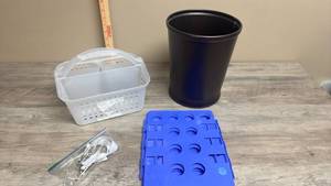 lot 583 image: Waste Basket, Clothes Folder, Plastic Organizer with Carrying Handle, and Straps