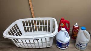 lot 585 image: Laundry Basket, Bleach, Ammonia, Carpet Cleaner, and Fire Extinguisher