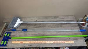 lot 597 image: Cleaning Tools - Broom with Dustpan, Squeegee and Swiffer Wet Mop
