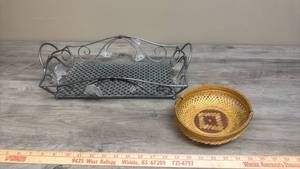 lot 603 image: Decorative Metal Tray with Handles and Woven Basket