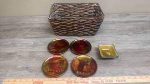 lot 604 image: Woven Basket with Set of 4 Decorative Coasters and 1 Small Dish