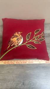 lot 616 image: Red Decorative Pillow with Bird and Branch Embroidery