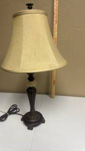 lot 620 image: Table Lamp with Cream Shade and Decorative Base that includes a white marble looking resin accent