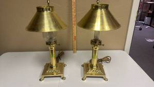 lot 621 image: Pair of Brass Orient Express Table Lamps - only one has its Glass Hurricane, the other one is missing one.
