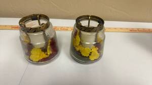 lot 629 image: Pair of Glass Candle Holders with Yellow Flowers and Metal Handles