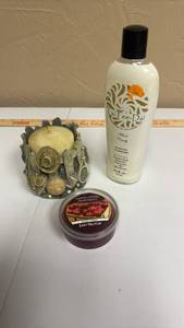 lot 630 image: La-Tee-Da Mind Candy 16 fl oz Fragrance Spray, Decorative Candle Holder, Yankee Candle Black Cherry Easy Melt Cup Lot