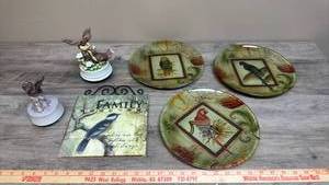 lot 646 image: Bird Themed Decor - Decorative Plates, 2 Music Boxes, and wood wall art family sign