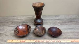 lot 648 image: Carved Wood Bowls and Vase with Geometric Patterns