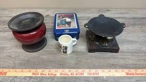 lot 649 image: Lot of 4 Decorative Items Red Bowl with Metal Trim, Ceramic Mug, Metal Dish, Vintage Tin Box