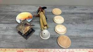 lot 650 image: Wooden Japanese Style Birdhouse, Landscape Saucer, Native Doll, Ceramic Incense Cone burner Cave, and 4 wooden round display bases