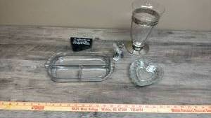 lot 654 image: Glassware Lot - Oval Divided Dish, Heart Dish, Metal Band Vase, and a Granite Desk Decoration