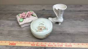 lot 655 image: Decorative Ceramic Lot - Bowl with Lid, Boot Planter, and Floral Box - 3 Pieces