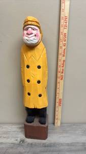 lot 659 image: Hand-Carved Wooden Figure with Yellow Coat 20 inches (missing the pipe for his mouth)