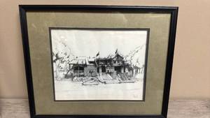 lot 673 image: Framed Architectural Ink Drawing Riverfront House with Mountain Landscape