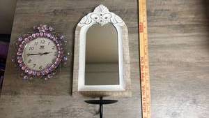 lot 675 image: Royal Pearson Clock Company Wall Clock with Purple Jeweled Frame and White Framed Mirror with attached candle holder,