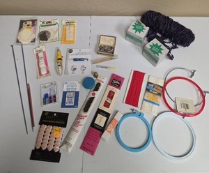 lot 327 image: Sewing Craft Supplies Lot - Needles, Zippers, Yarn, Hoops, and more