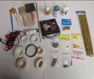 lot 329 image: Misc Craft Supply Lot - Paint Brushes,Tape, Glue, Cow Bells, Googly Eyes, Fabric Paint, Pipe Cleaners and more