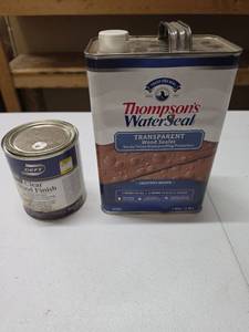 lot 808 image: Thompsons WaterSeal Transparent Wood Sealer Chestnut Brown (new can still sealed) and Deft clear Wood finish (about half full)