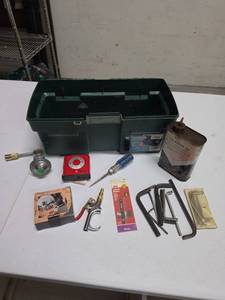 lot 818 image: Tool Lot with Toolbox, Air Motor Oil, Electronic Tape Measure, Jigsaw Blade and more