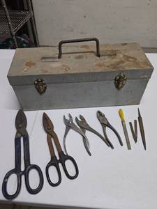lot 819 image: Metal Tool Box with Hand Tools Lot Scissors Pliers Chisels
