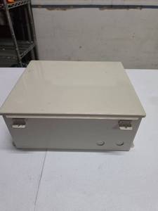 lot 831 image: Gray metal Electrical Junction Enclosure Cutout Box 16 inch Width with Hinged Lid