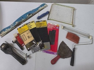 lot 851 image: Drywall and Painting Lot with Screens, Sandpaper, Putty Knife, Scrapper Handle Paint Roller