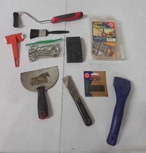 lot 852 image: Paint Trimming Tool Lot with Brushes, Scrapers, Rollers and Hardware