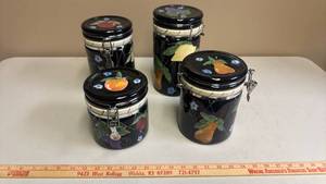 lot 402 image: Airtight Hand Painted Food Storage Canisters 4-Piece Set with Fruit Designs