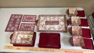 lot 408 image: Tableware Serving and Storage Set Red Cream Floral Pattern - Platter, Casserole Dish, Condiment Bowls, Trivets - includes lids for bowls