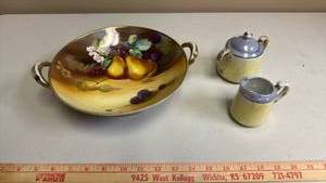 lot 417 image: Vintage Nippon Hand-Painted Porcelain Serving Dish with fruit motif and Yellow and Blue Glazed Cream and Sugar Set made in Japan
