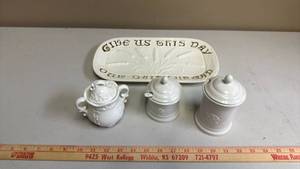 lot 420 image: 3-Piece White Porcelain Condiment Set and a Give Us This Day Our Daily Bread Platter