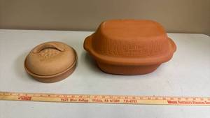 lot 430 image: 2 Terracotta Clay Cookware items - Litton Simmer Pot 2-Piece Clay Cooking Vessel and a Tortilla Warmer Bowl with Lid