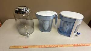 lot 434 image: Glass Beverage Dispense Jar and 2 Water Filter Pitchers