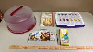 lot 436 image: Baking Lot - Cake Storage Tub with handle on lid, Cake Decorating Instruction Kits, Frosting Bags, and Cake Leveler