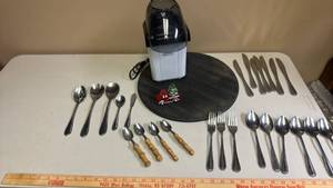 lot 439 image: Popcorn Popper, Rubber Flat Lazy Susan, Flatware and a Christmas Salt and Pepper Shaker Red Truck with Christmas Tree