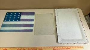lot 443 image: American Flag and Clear Glass Cutting Boards and White Serving Tray.