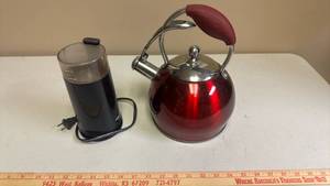 lot 444 image: Red Stainless Steel Whistling Kettle and Electric Coffee Grinder Lot