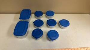 lot 455 image: Food Storage Containers with Blue Lids Lot of 9 Mixed Sizes