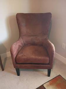 lot 915 image: Brown Suede High Back Chair with Brass Brads around Sides and Back.  Seat measures 20 x 20