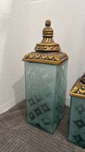 lot 1006 image: Decorative Canisters with Lids, Set of 2, Light Blue and Gold Ornamental Tops tallest is 13 inches tall